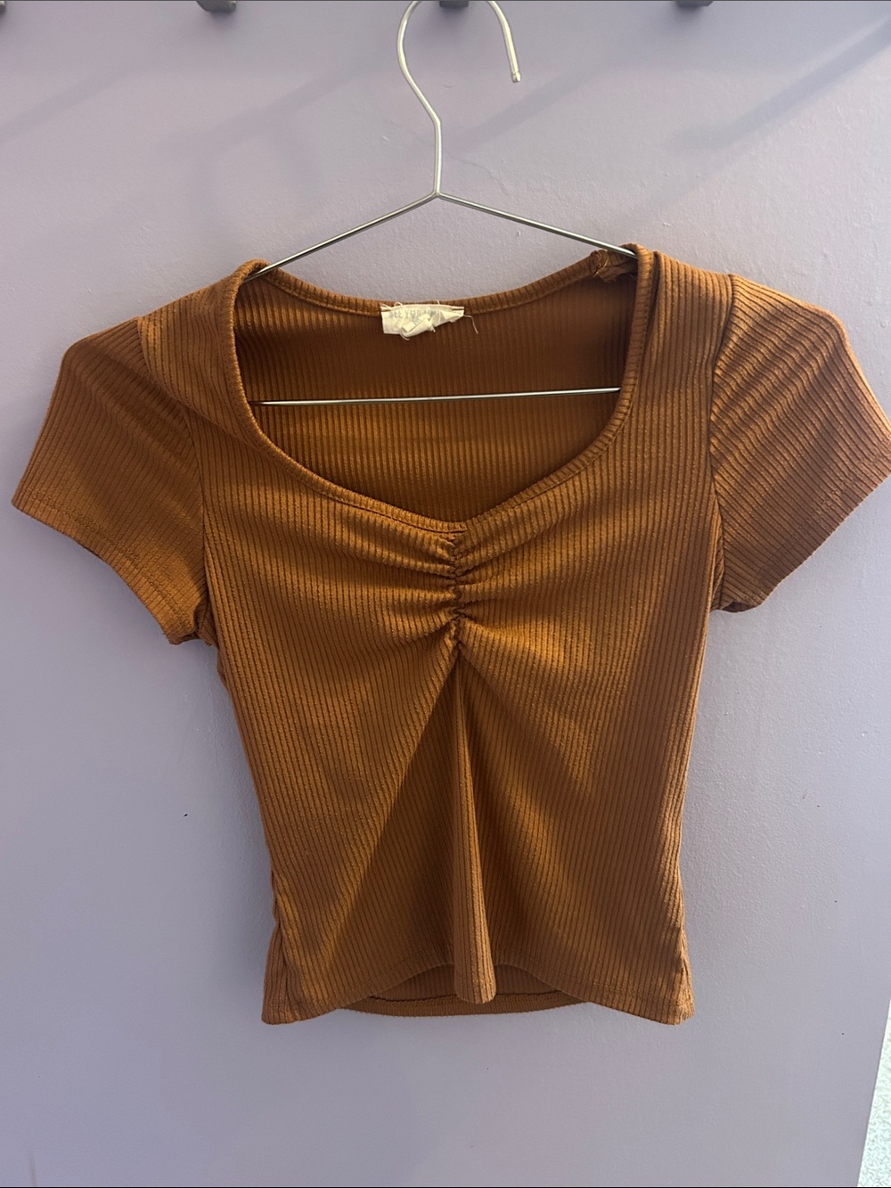 Ribbed Gather-Front Short Sleeve Top - Rust